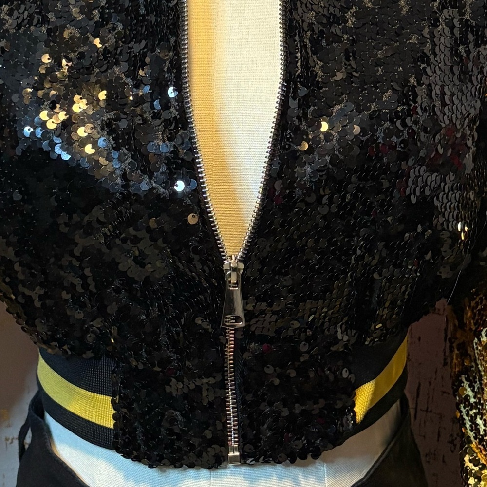 Sequin Bomber Jacket in Black and Gold - Picture 2 of 6